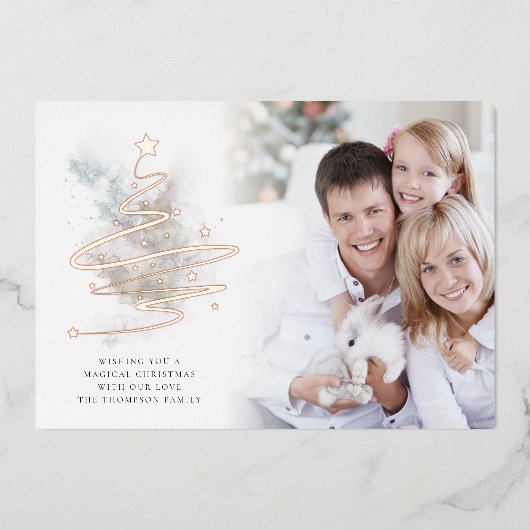 シンプルクリスマスツリーの写真の水の色実在 箔シーズンカード (正面)