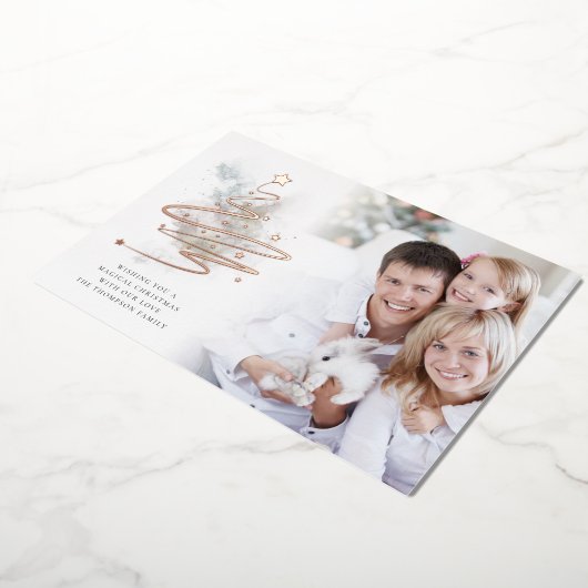 シンプルクリスマスツリーの写真の水の色実在 箔シーズンカード (回転した状態)