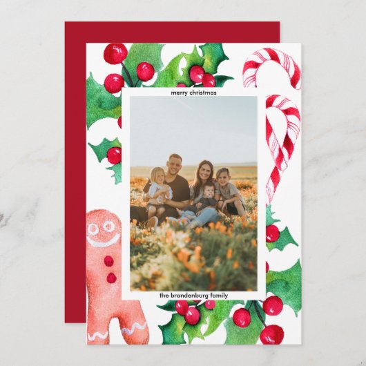 シンプルクリスマスファミリーキャンディーケーンのグリーティングフォト シーズンカード (正面/裏面)