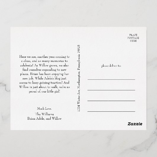 シンプルクリスマスフルフォトメリークリスマス金ゴールド 箔シーズンポストカード (裏面)