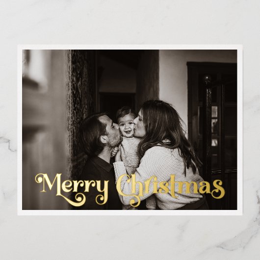 シンプルクリスマスフルフォトメリークリスマス金ゴールド 箔シーズンポストカード (正面)