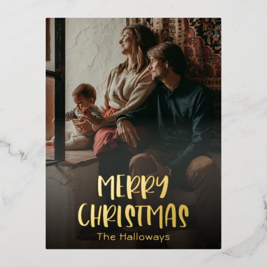 シンプルクリスマスフル縦型フォト金ゴールド 箔シーズンポストカード (正面)