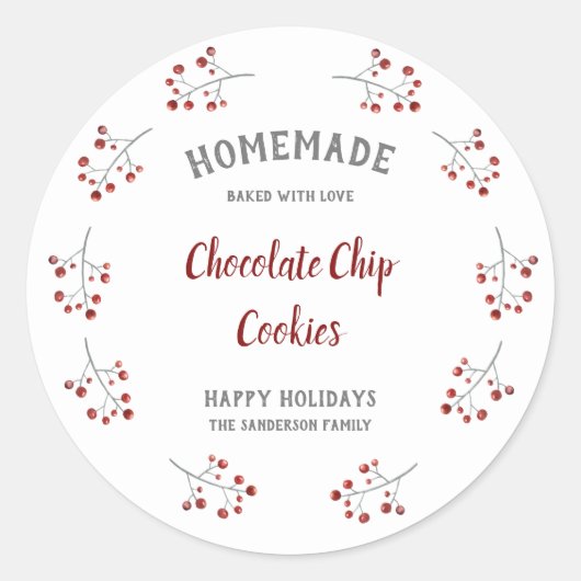 シンプルクリスマスベリーリースホリデーベーキング ラウンドシール (正面)