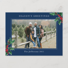 シンプルクリスマスホリーベリーカスタムフォトブルー シーズンポストカード