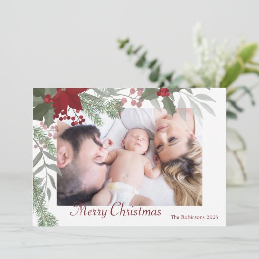 シンプルクリスマスホリー植物緑の写真 シーズンカード (スタンド正面)