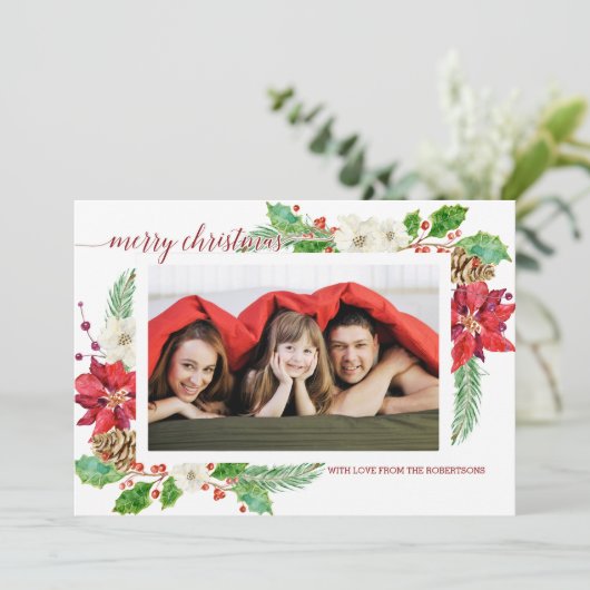 シンプルクリスマスモダンポインセチアフローラホリー 招待状 (スタンド正面)
