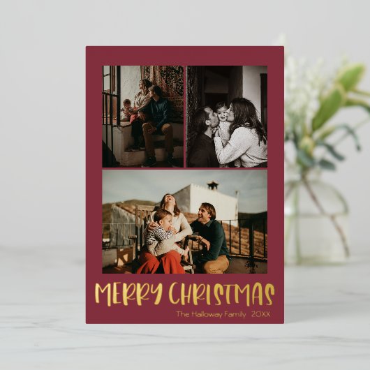 シンプルクリスマスレッド縦3枚の写真 |金ゴールド 箔シーズンカード (立ち正面)