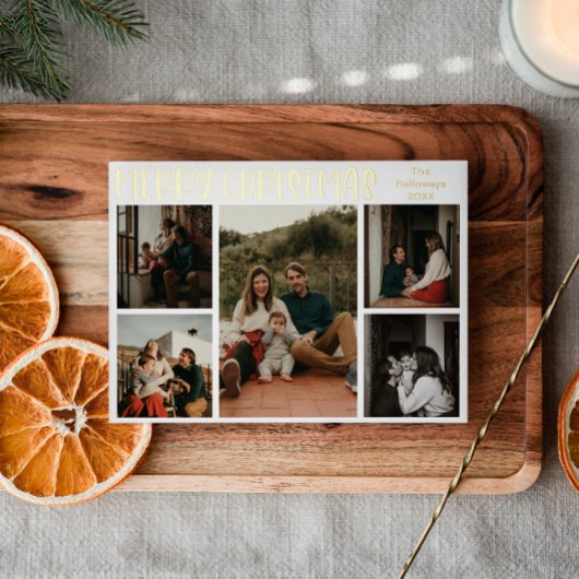 シンプルクリスマス五つ写真金ゴールド 箔シーズンカード