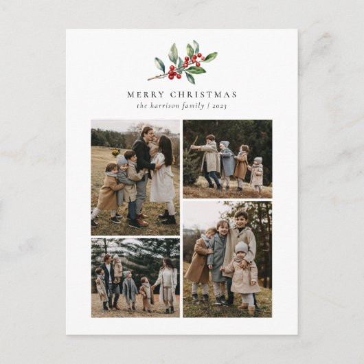 シンプルクリスマス水カラーフローラフォトコラージュ シーズンポストカード (正面)