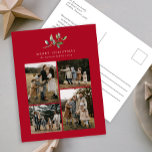 シンプルクリスマス水カラーフローラフォトコラージュ シーズンポストカード<br><div class="desc">シンプルクリスマス水彩緑色写真コラージホリデーハガキには、四季折々の緑とホリーベリーの美しい水彩色のイラストレーションと4枚の写真が掲載されている。</div>