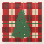 シンプルクリスマス用格子赤緑松 ガラスコースター (正面)