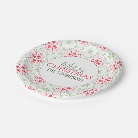 シンプルクリスマス赤と緑かわいいスノーフレーク ペーパープレート (アングル)