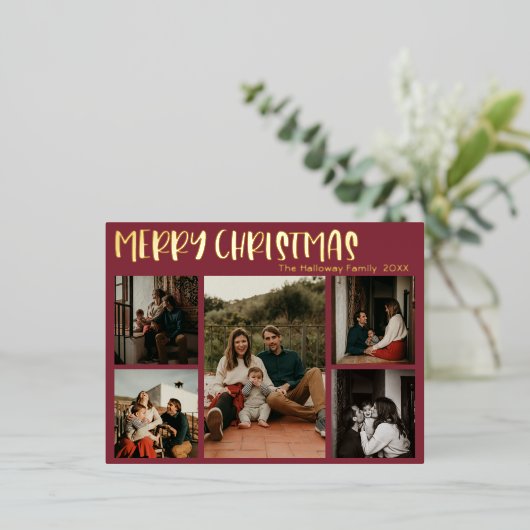 シンプルクリスマス赤5枚の写真金ゴールド 箔シーズンポストカード (立ち正面)