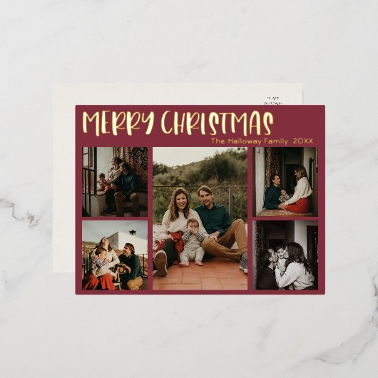 シンプルクリスマス赤5枚の写真金ゴールド 箔シーズンポストカード (正面/裏面)