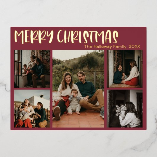 シンプルクリスマス赤5枚の写真金ゴールド 箔シーズンポストカード (正面)