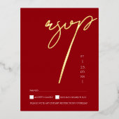 シンプルクリムゾンレッドスクリプトウェディングRSVP金ゴールド 箔招待状ポストカード (正面)