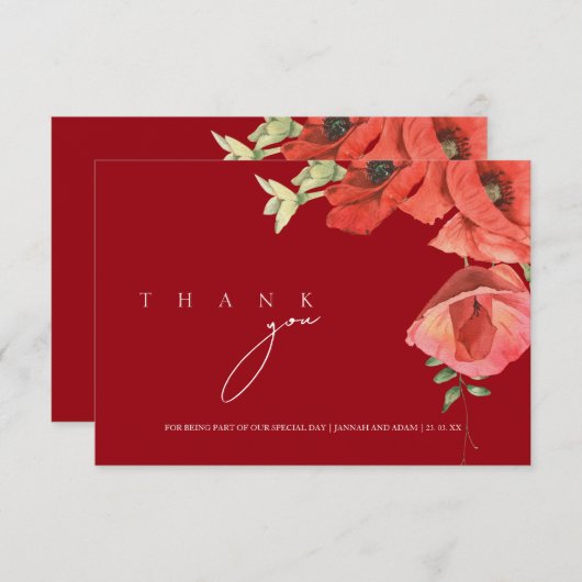 シンプルクリムゾンレッドポピー結婚ズフローラ サンキューカード (正面/裏面)