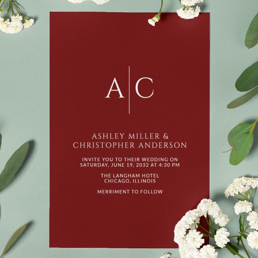シンプルクリムゾンレッド結婚モノグラム 招待状