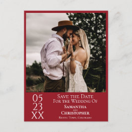 シンプルクリムゾンレッド結婚式の日付写真を保存 ポストカード