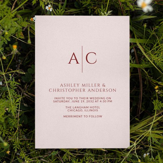 シンプルクリムゾンレッド&バラモノグラム結婚ズ 招待状