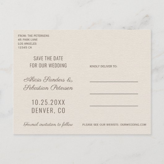 シンプルクリーエレガントム結婚ブラウンの写真救日付 案内ポストカード (裏面)