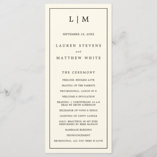 シンプルクリームモノグラムエレガントウェディング プログラム (正面)