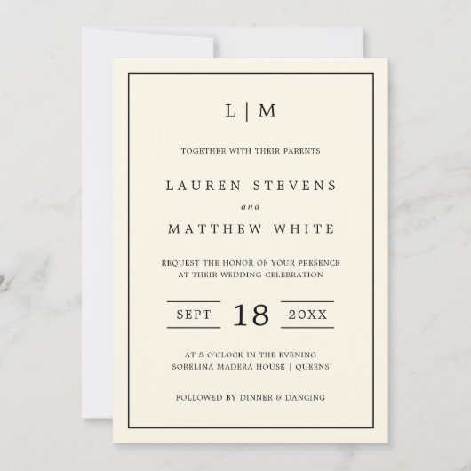 シンプルクリームモノグラムエレガントウェディング 招待状 (正面)