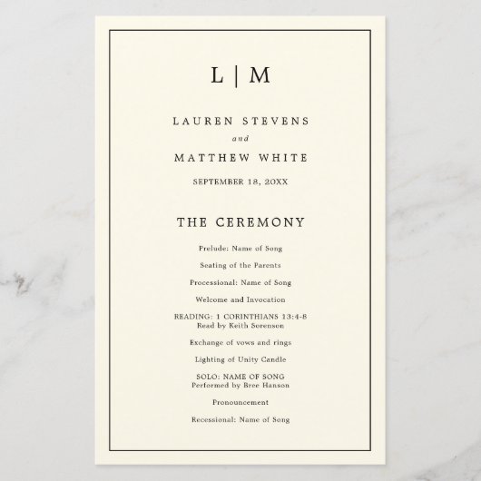 シンプルクリームモノグラムエレガント結婚式プログラム (正面)