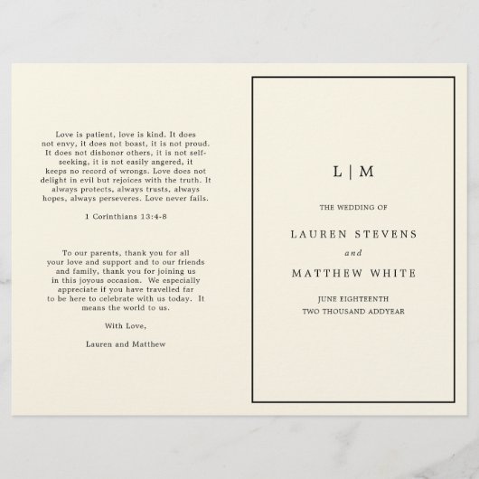 シンプルクリームモノグラムエレガント結婚式プログラム (正面)