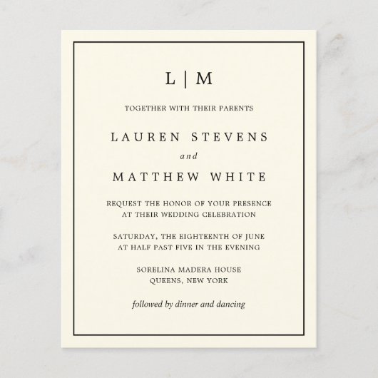 シンプルクリームモノグラムバジェットウェディング招待 (正面)