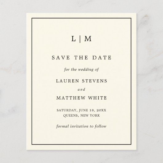 シンプルクリームモノグラムバジェットウェディング日付を保存 (正面)