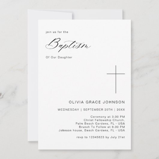 シンプルクリーン黒と白のバプテ男女兼用ィス 招待状 (正面)