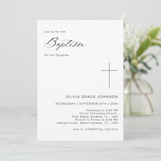 シンプルクリーン黒と白のバプテ男女兼用ィス 招待状 (スタンド正面)