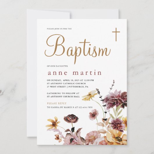 シンプルクロスワイルドフラワーフローラガールズバプテスマ 招待状 (正面)