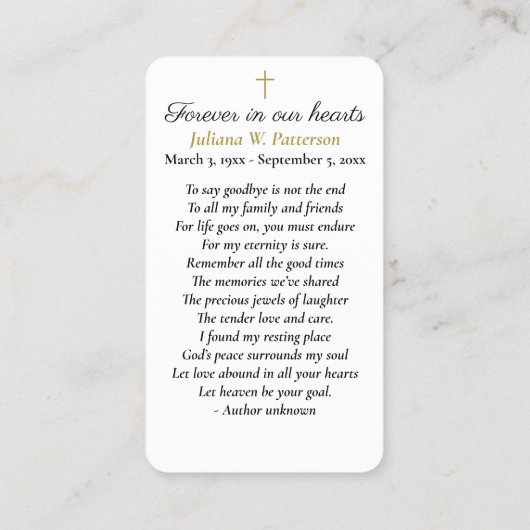 シンプルクロス写真葬儀記念祈りの言葉カード 名刺 (裏面)