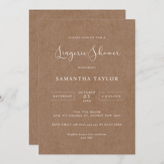 シンプルク素朴ラフトランジェリーシャワー招待状 招待状 (正面/裏面)