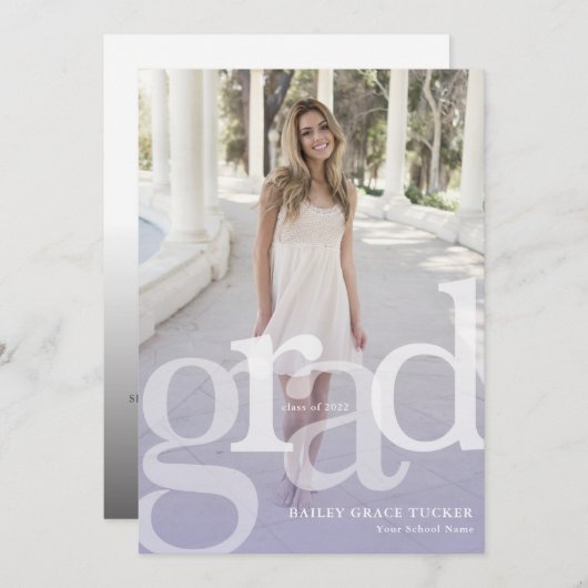 シンプルグラッドパープルオーバーレイ任意の年の卒業 案内状 (正面/裏面)