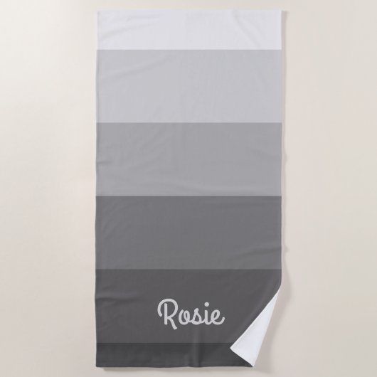シンプルグラデーショストライプン灰色の名前をカスタムする ビーチタオル (正面)