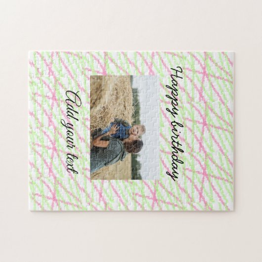 シンプルグリッター赤い緑あなたの写真の誕生日を追加 ジグソーパズル (横)