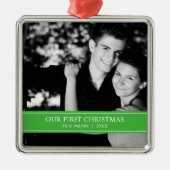 シンプルグリーンとホワイトカスタムフォトクリスマス メタルオーナメント (正面)