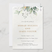 シンプルグリーンと金ゴールド葉の結婚式招待状 招待状 (正面)