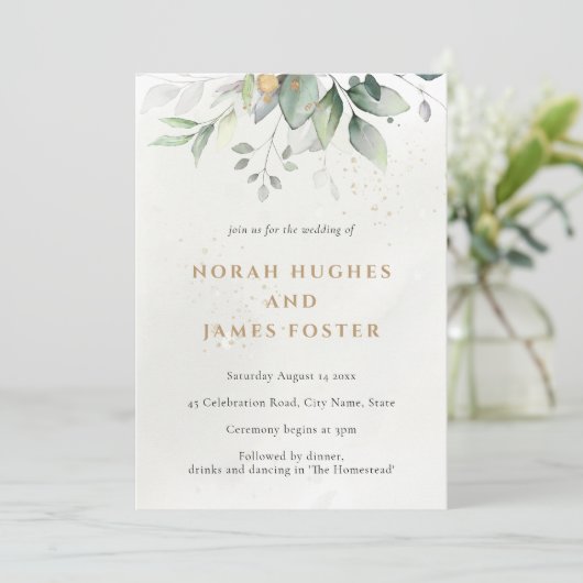 シンプルグリーンと金ゴールド葉の結婚式招待状 招待状 (スタンド正面)