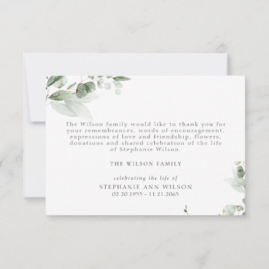 シンプルグリーンのお悔やみ葬儀お礼カード サンキューカード (裏面)