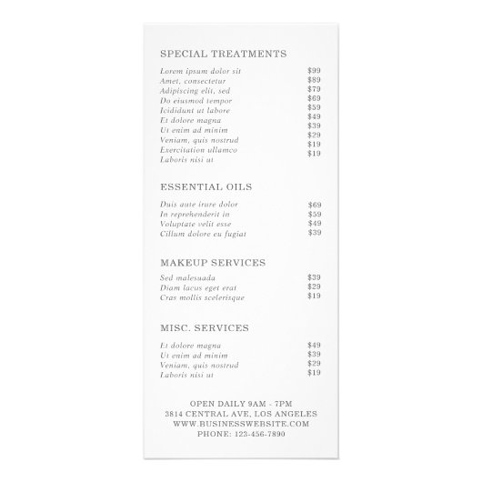 シンプルグリーンのエレガントなラスティック価格リスト ラックカード (裏面)