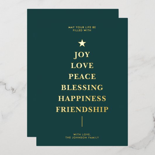 シンプルグリーンクリスマスメッセージツリー 箔シーズンカード (正面/裏面)