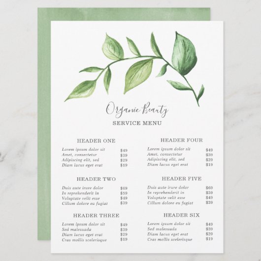 シンプルグリーンビューティーサロン料金表 (正面/裏面)