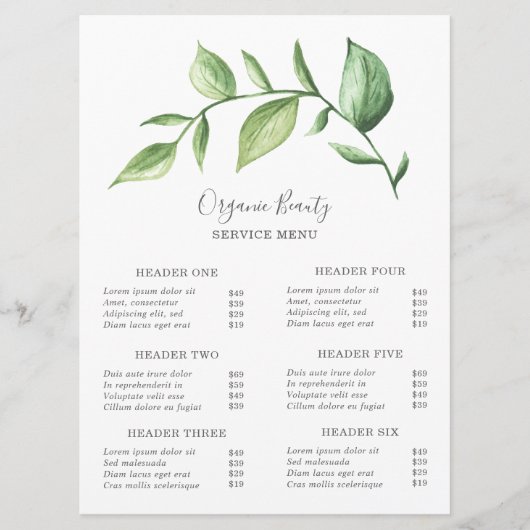 シンプルグリーンビューティーサロン料金表 (正面)