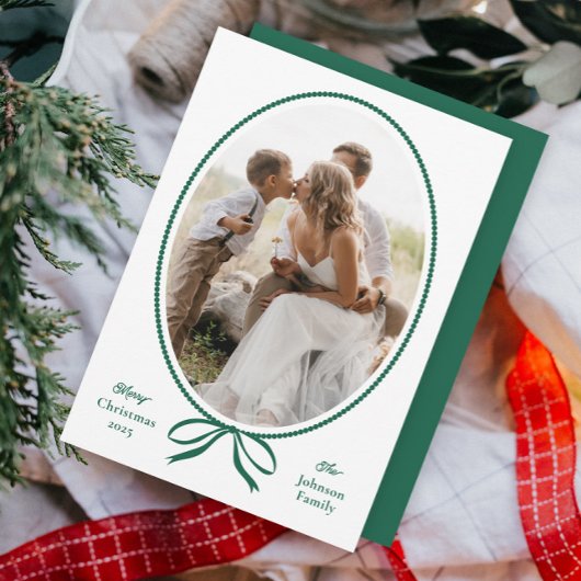 シンプルグリーンボウ楕円形フォトクリスマス シーズンカード