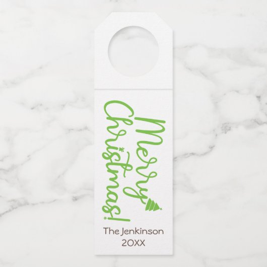 シンプルグリーンメリークリスマスタイポグラフィオンホワイト ボトルネックタグ (正面)