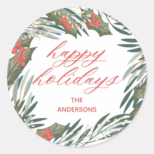 シンプルグリーンリースクラシッククリスマスステッカー ラウンドシール (正面)
